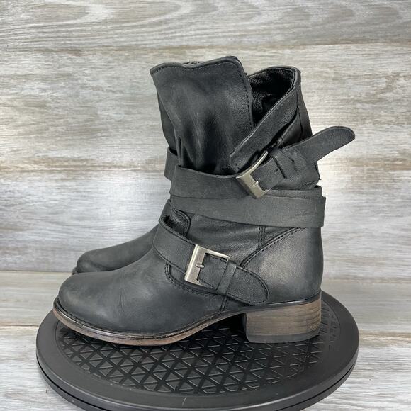 Steve Madden Womens Brewzzer Black Leather Buckle Moto Biker Boots Size 6.5 - Picture 1 of 9